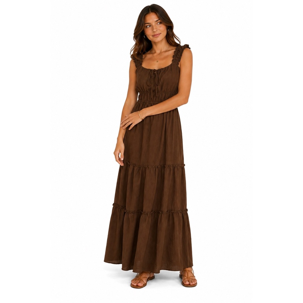 Pie In The Sky Brown Tiered Maxi Dress Ruffle Strap Smocked Waist Medium